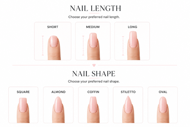 Nail length options: short, medium and long. Nail shape options: square, almond, coffin, stiletto and oval.